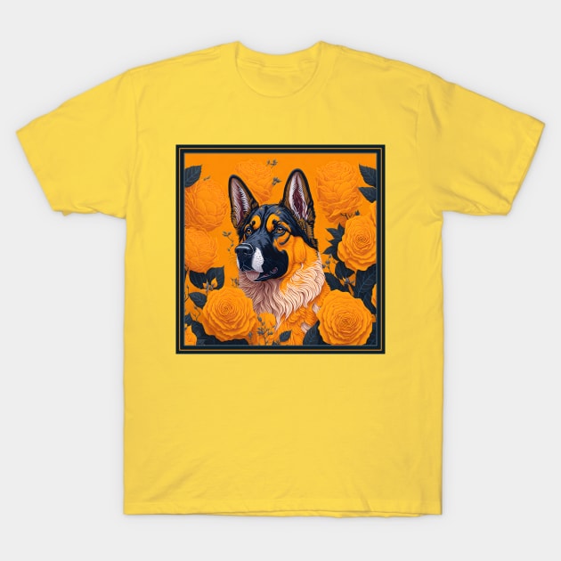 Dogs, shepherd dog and flowers, dog, seamless print, style vector (Yellow version #3 shepherd dog ) T-Shirt by xlhombat